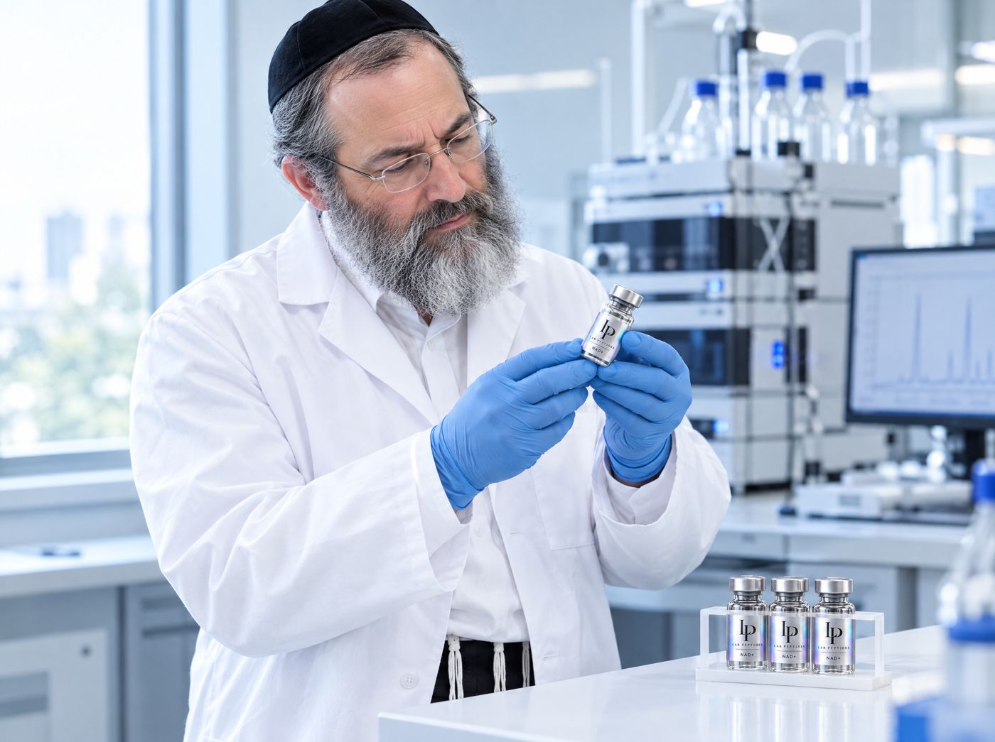 גבר חרדי בחלוק מעבדה בוחן בקבוקון של Lab Peptides